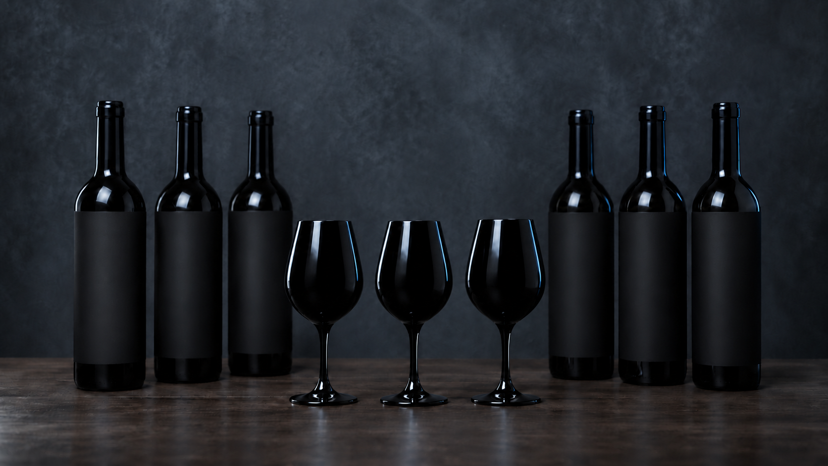 Six unlabelled black wine bottles and three identical opaque black blind tasting glasses