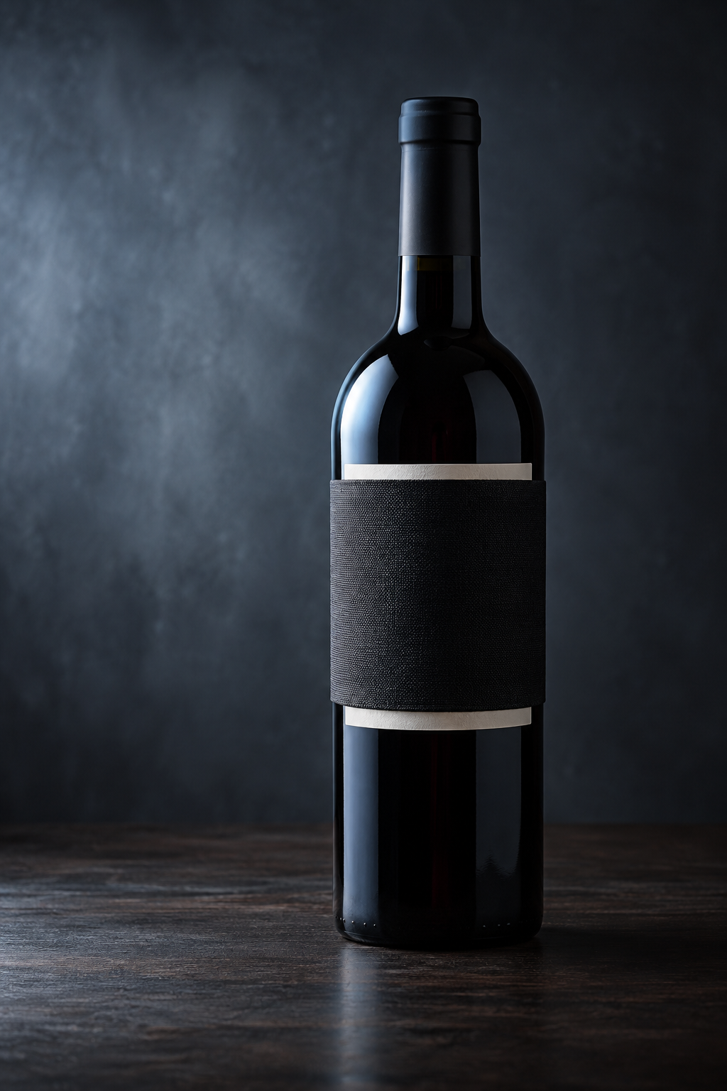 Black wine bottle with its label concealed by a matte black band