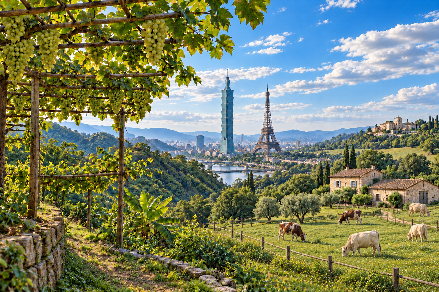 Taiwanese pergola vines meeting a French cattle farm and green pasture around Taipei 101 and the Eiffel Tower