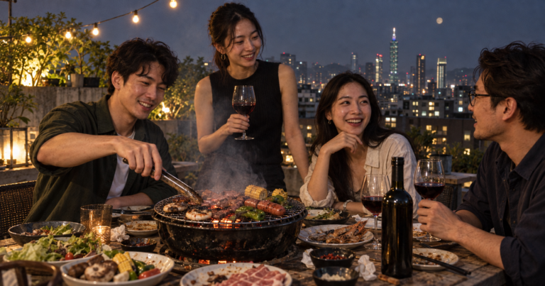 A Taiwanese Mid-Autumn rooftop barbecue with wine in Taipei