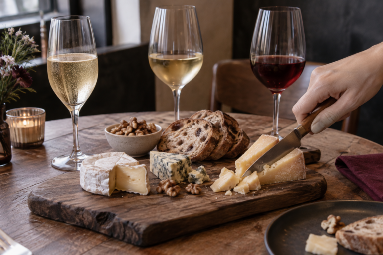 A realistic editorial cheese tasting with sparkling, white and red wine