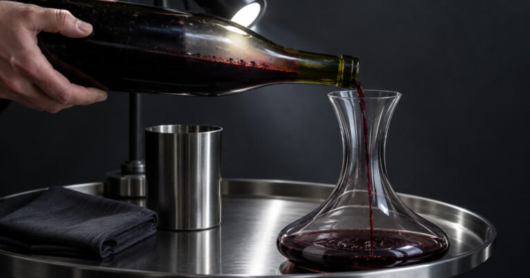 Una botella de vino maduro decantada lentamente mientras se comprueba el sedimento bajo una luz fría