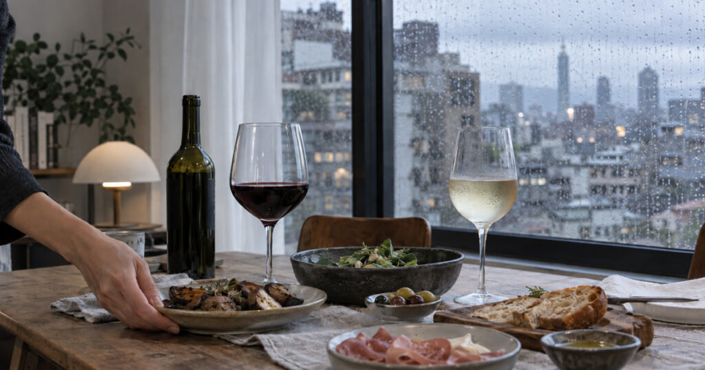 Wine and a shared meal beside a rain-streaked Taipei window