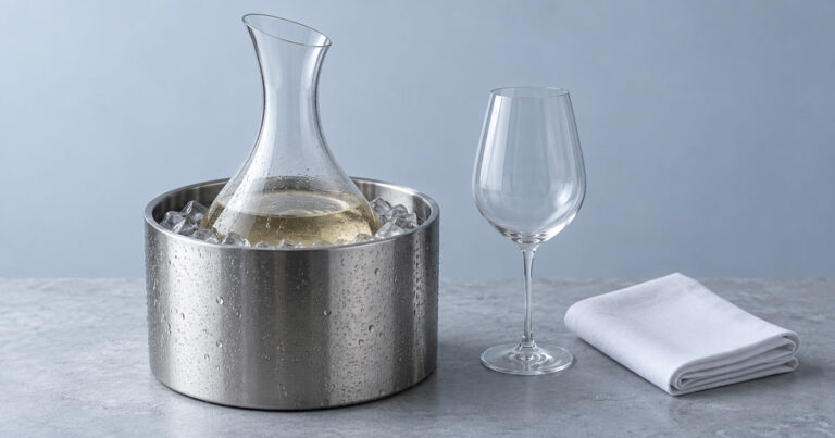 Un decantador esbelto de vino blanco mantenido fresco en una cubitera de acero cepillado